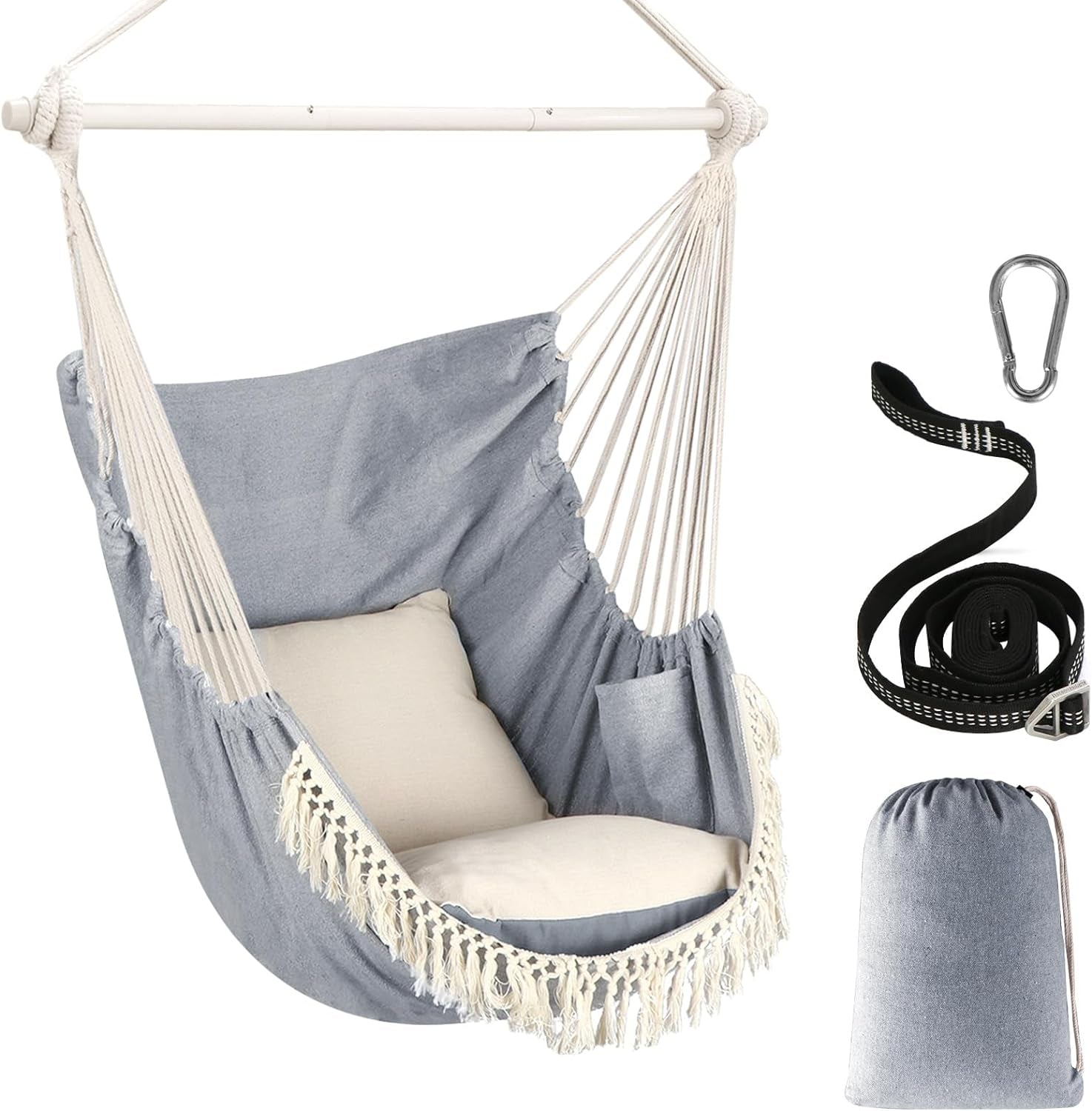 Hammock Chair Hanging Swing Max 500 Lbs 2 Cushions Included Metal Spreader Bar with Anti-Slip Grooves Portable Hanging Chair Side Pocket Large Macrame Bohemian Chair Indoor Outdoor