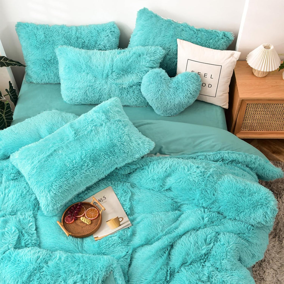 5 PCS Shaggy Duvet Cover Bedding Set - Long Faux Fur Luxury Ultra Soft (Aqua, Full/Queen)