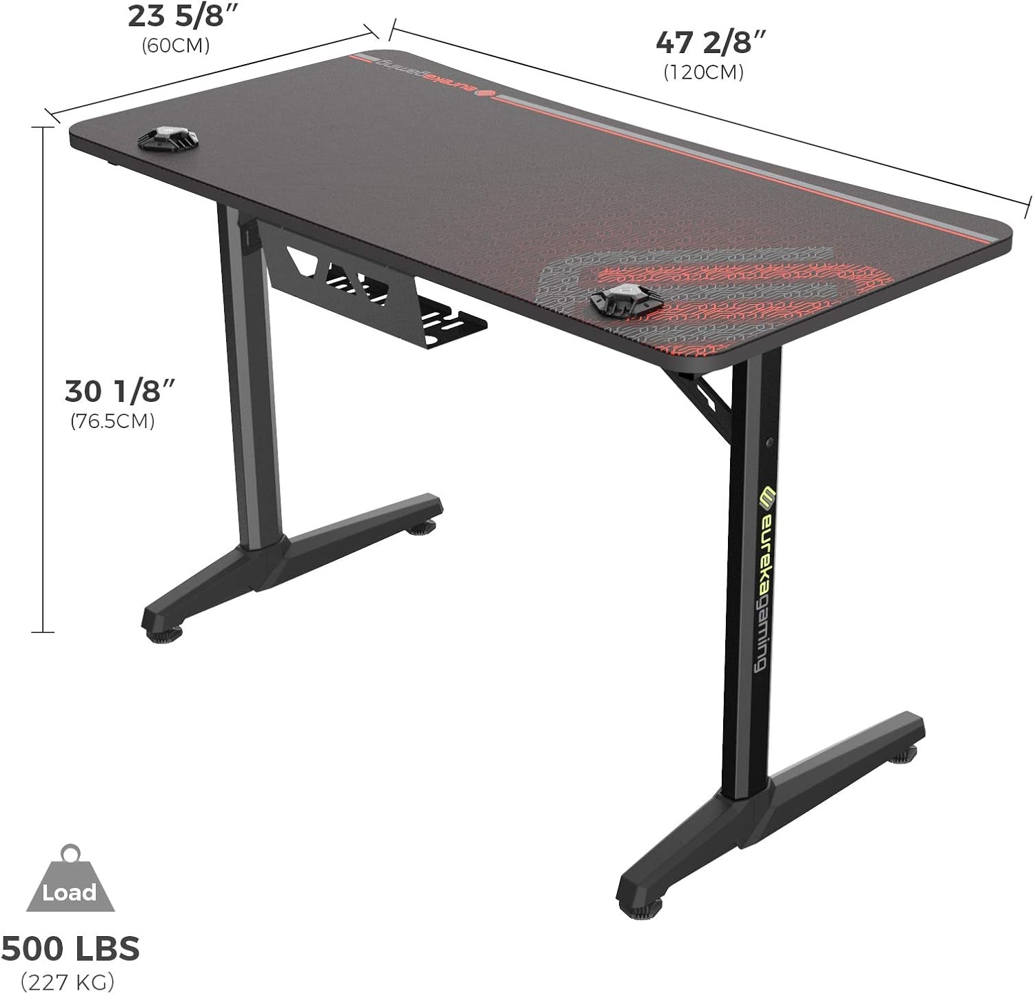 47 Inch Gaming Desk with Full Mouse Pad, Computer Gaming Desk with Cup Holder, Headphone Hook and Handle Rack with USB Charging Ports for Gamer, Black