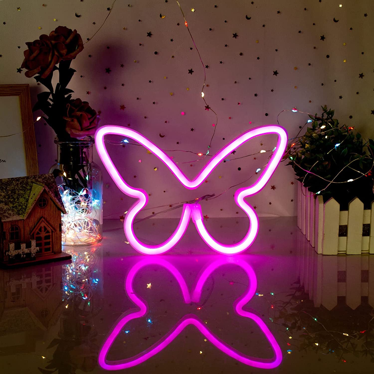 Neon Signs for Bedroom, Butterfly Neon Sign LED Lights USB or Battery Powered, Christmas Decoration Led Light Neon Wall Signs for Girls, Pink Light up Sign for Gift Party Wedding Kids Room Decor, Pink