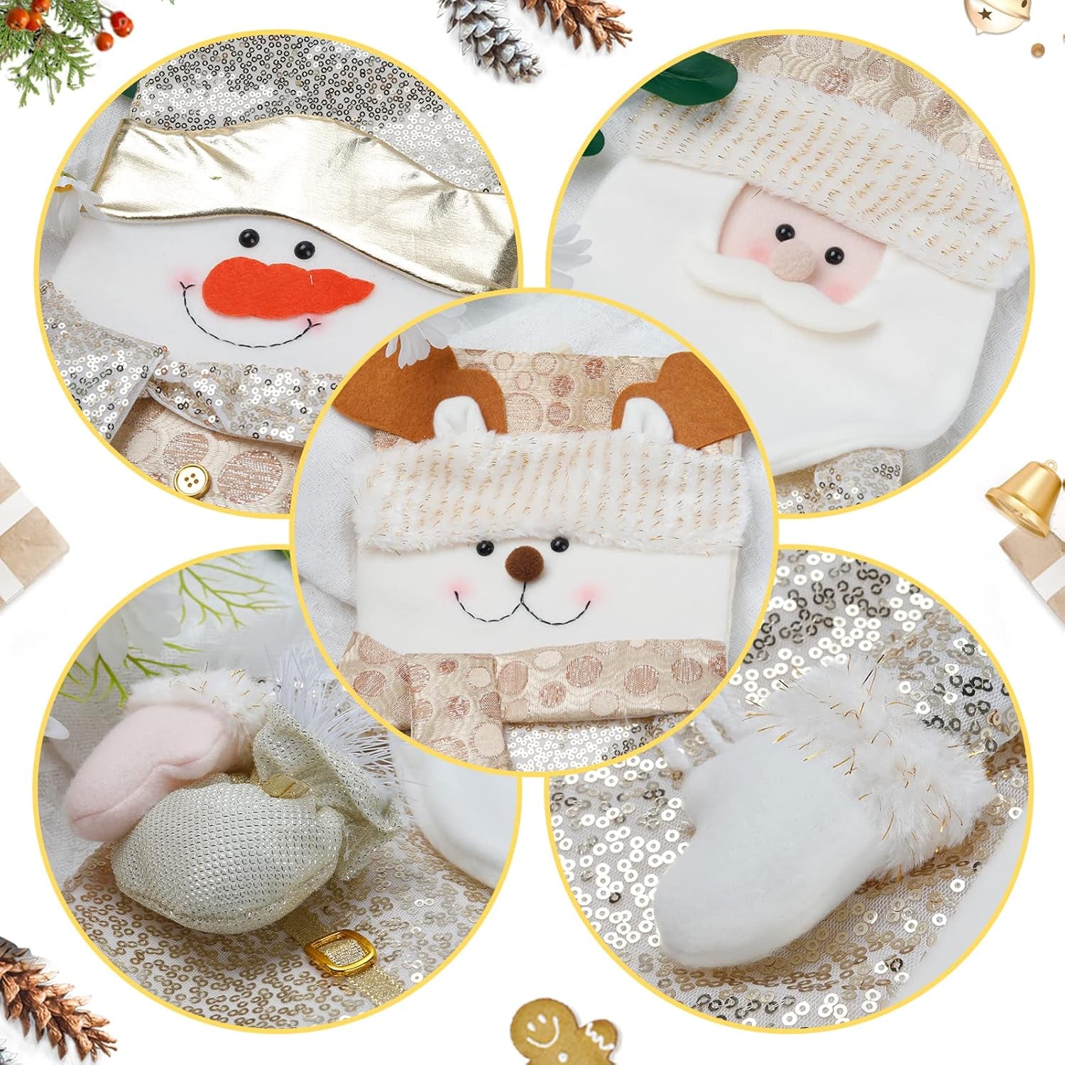 JR.WHITE Christmas Stocking Set, Large Christmas Stocking 18", Gold Sequin Christmas Stocking with Santa, Snowman, Reindeer, Christmas Stocking 3 Pack for Kids, Child, Girls