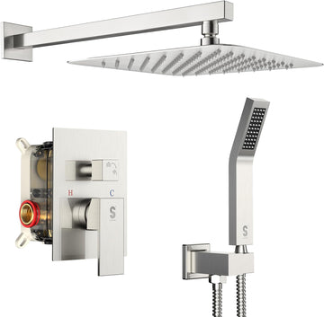 12 Inches Bathroom Luxury Rain Mixer Shower Combo Set Wall Mounted Rainfall Shower Head System Brushed Nickel Finish Shower Faucet Rough-In