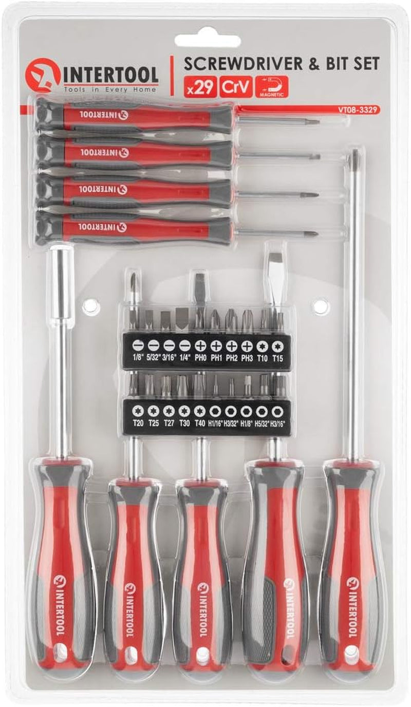 Screwdriver & Precision Driver Tool Set with Magnetic Tips and Bits - Phillips, Flat Head, Torx, Hex - Cr-V Steel with Cushion Grip Handles VT08-3329