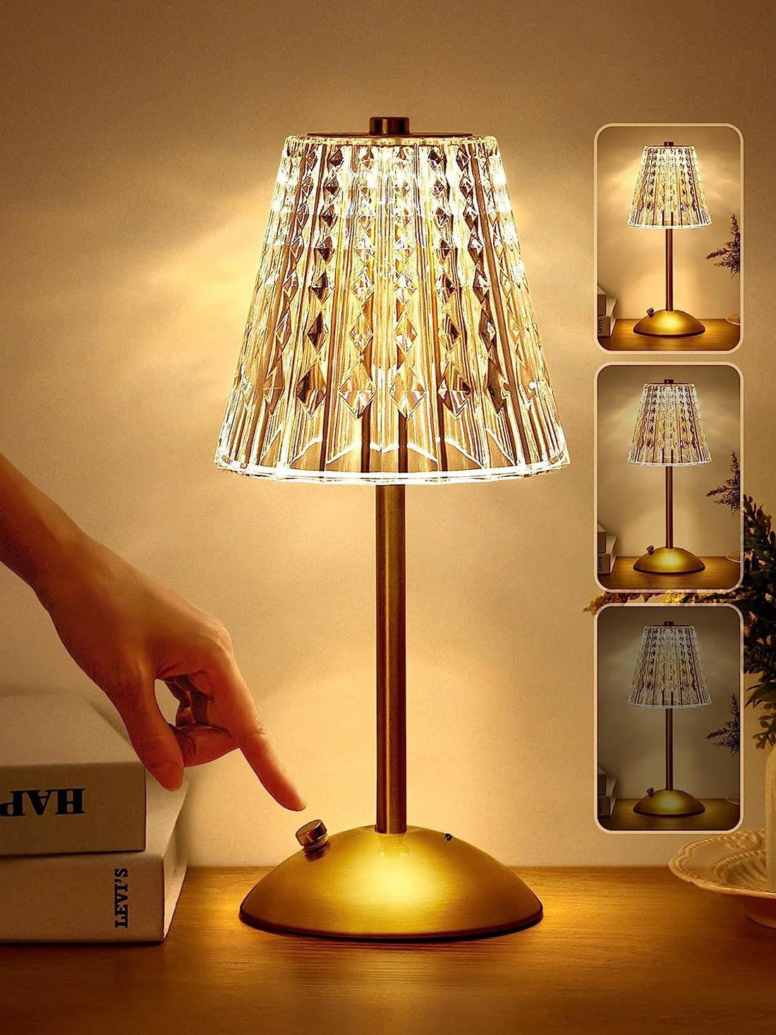 Table Lamps, Dimmable Crystal Table Lamp 3 Colors LED Gold Lamp,Touch Lamp Diamond Crystal Lamp, Rechargeable Small Lamp, Cordless Lamp Bedside Lamp for Bedroom Living Room Bathroom Hotel Bar