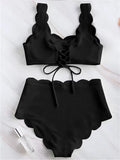 Solid Blue Two Pieces Swimsuit Bathing Suits Bikini Women Scalloped Textured High Waisted Bikini Set Lace up Bathing Suits XXL