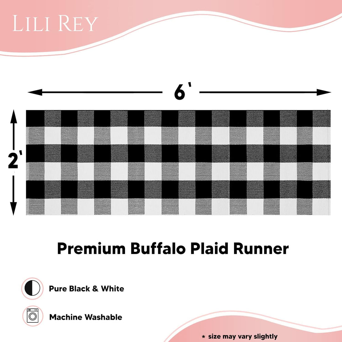 Buffalo Plaid Runner Rug - 2' X 6' Black Checkered Runner Rug, Farmhouse, Indoor, Washable, Water Resistant