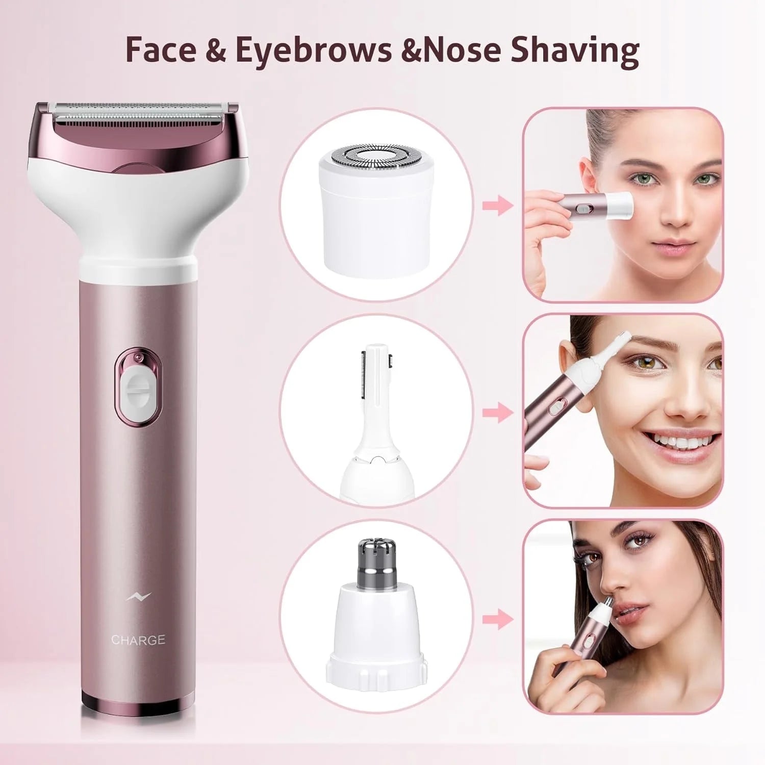 4 in 1 Electric Razor for Women Nose Hair Trimmer for Women Cordless Face Shaver Set Facial Hair Removal for Women Painless Body Hair Remover Lady Grooming Kit for Bikini, Eyebrow, Arm, Leg, Nose