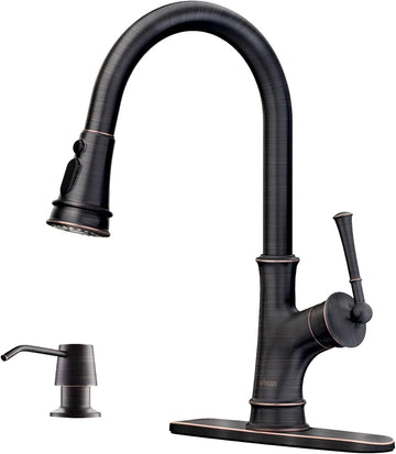 Bronze Kitchen Faucet with Soap Dispenser, Oil Rubbed Bronze Sink Faucet for Kitchen, Single Handle High Arc Kitchen Sink Faucet