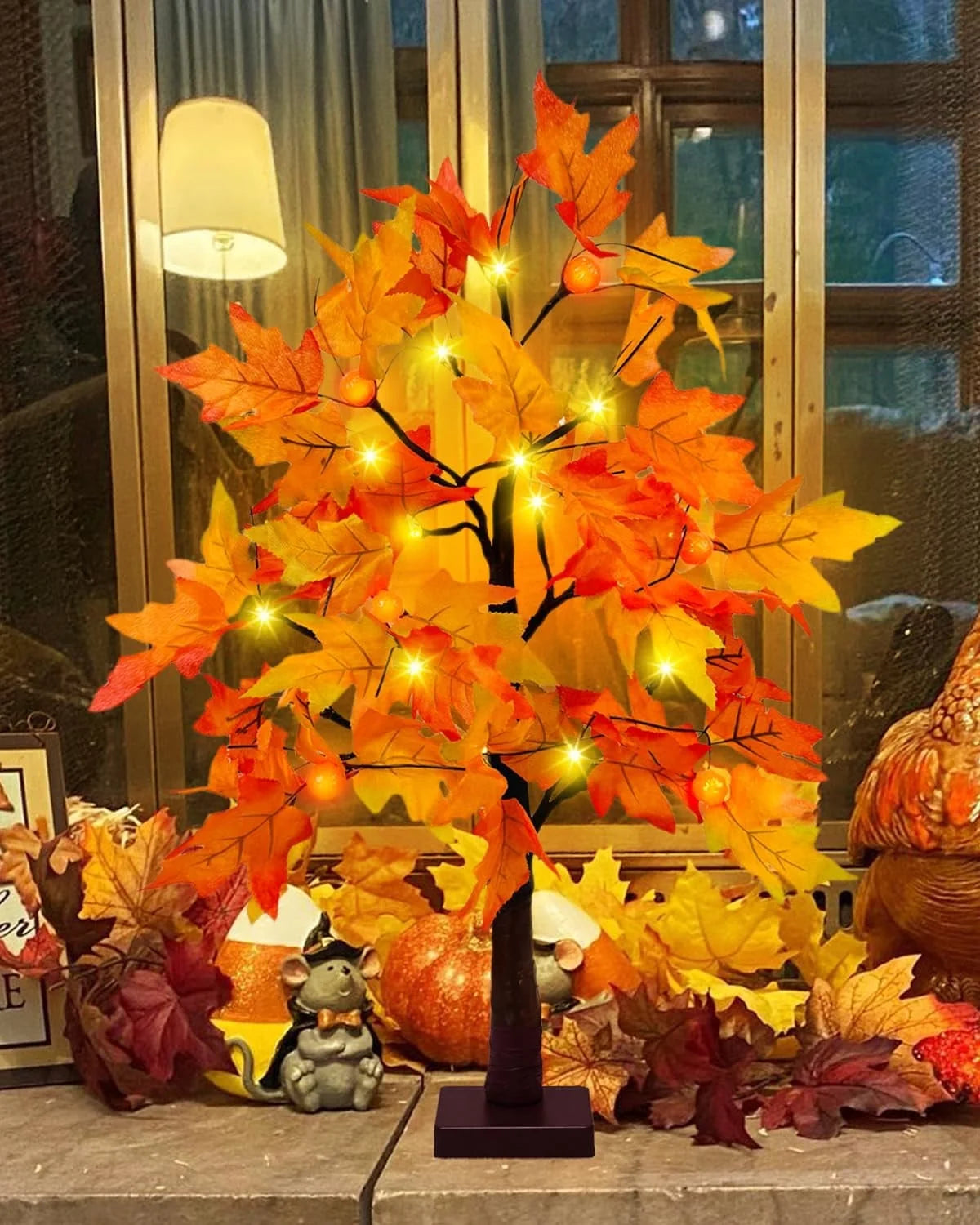 Fall Decorations for Home, 25" 24 LED Artificial Fall Maple Leaves Table Tree with Pumpkins Lights Indoor Wedding Party Autumn Thanksgiving Decor