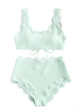 Solid Blue Two Pieces Swimsuit Bathing Suits Bikini Women Scalloped Textured High Waisted Bikini Set Lace up Bathing Suits XXL