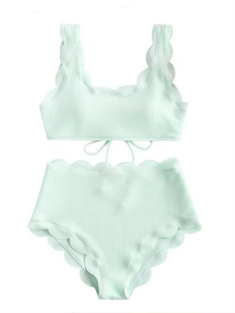 Solid Blue Two Pieces Swimsuit Bathing Suits Bikini Women Scalloped Textured High Waisted Bikini Set Lace up Bathing Suits XXL