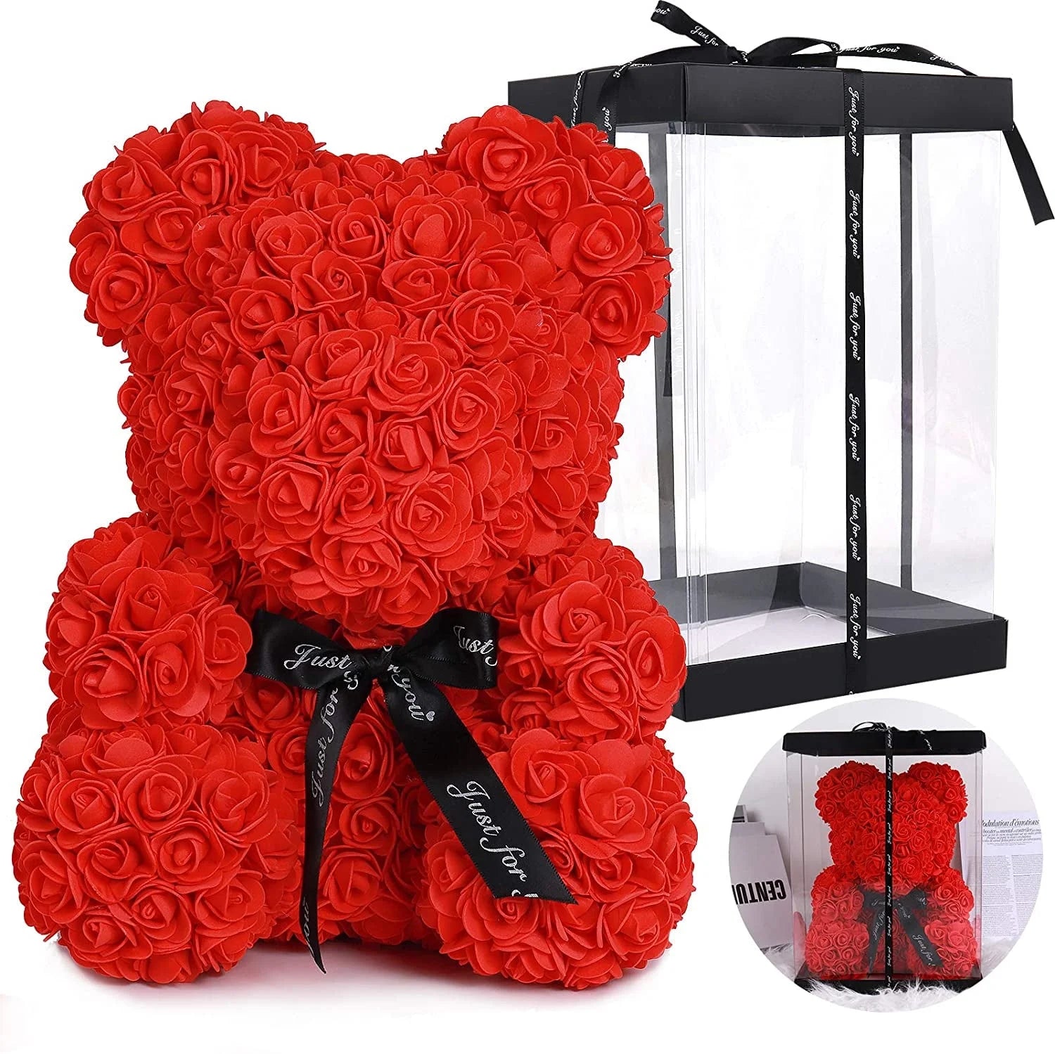 10 Inch Artificial Rose Bear Flowers Wedding Party Decoration Gift Box(Red)