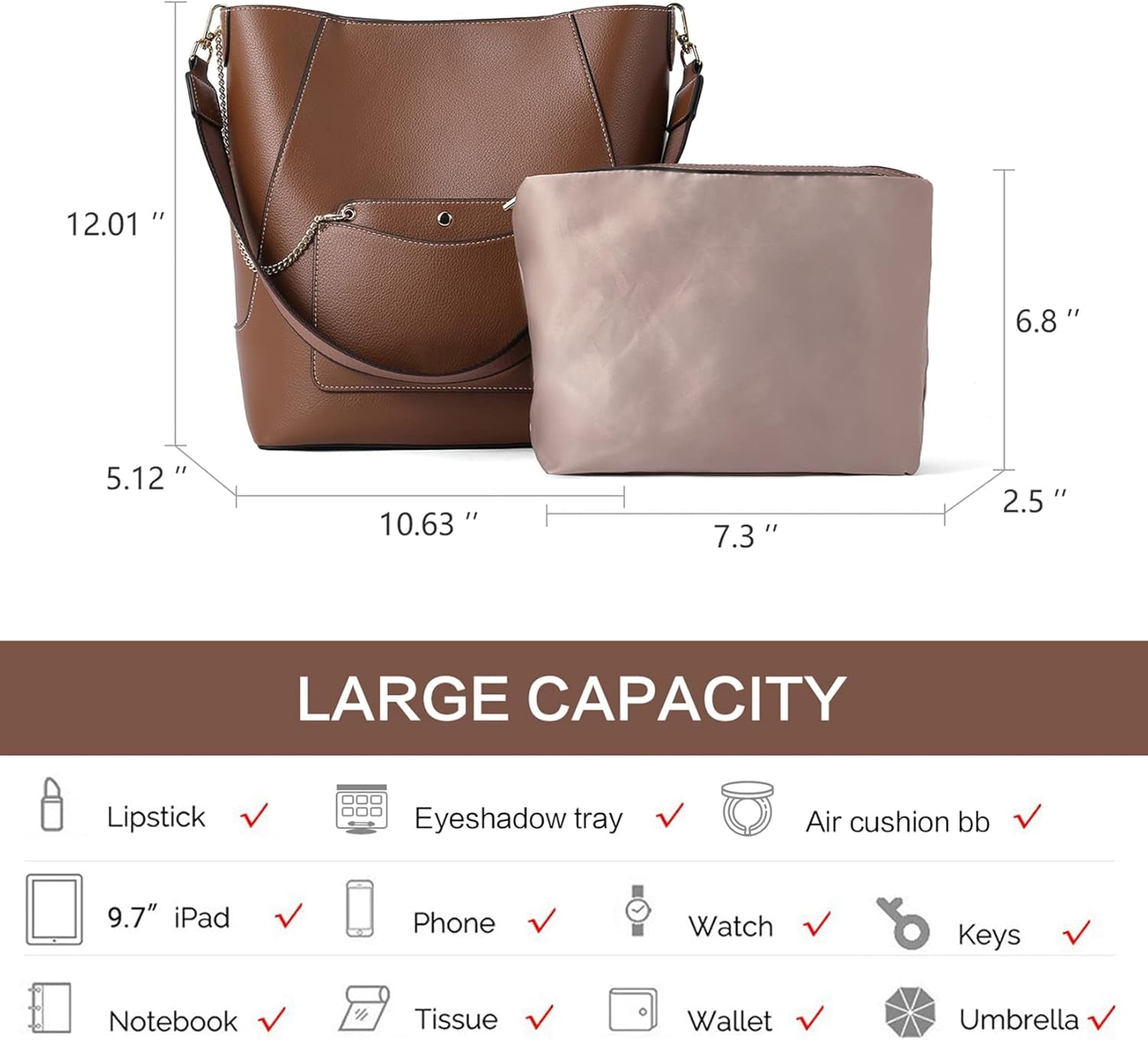 Hobo Bags for Women Designer Handbags Vegan Leather Bucket Purse Shoulder Crossbody Bag (Z-Brown)