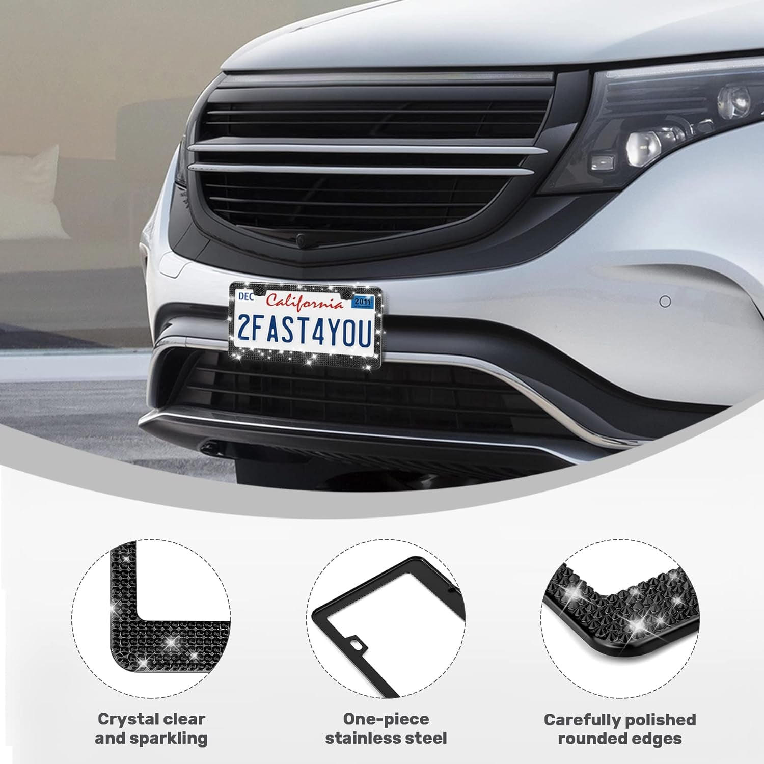 2 Pack Bling License Plate Frames, Sparkly Rhinestone Diamond Car License Plate Cover for Women, Stainless Steel Car Accessories with Glitter Crystal Caps (Black)