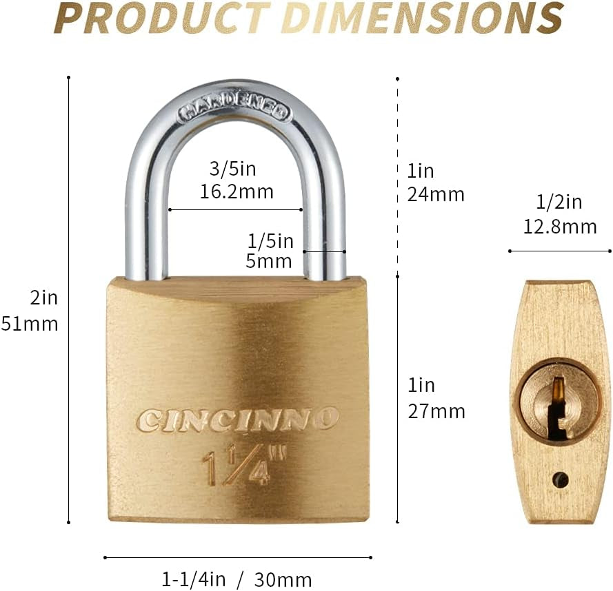12Pack Small Solid Brass Locks Keyed Alike，1-1/4” (30Mm) Wide Lock Body, 1/5” Shackle Diameter Padlocks with Key